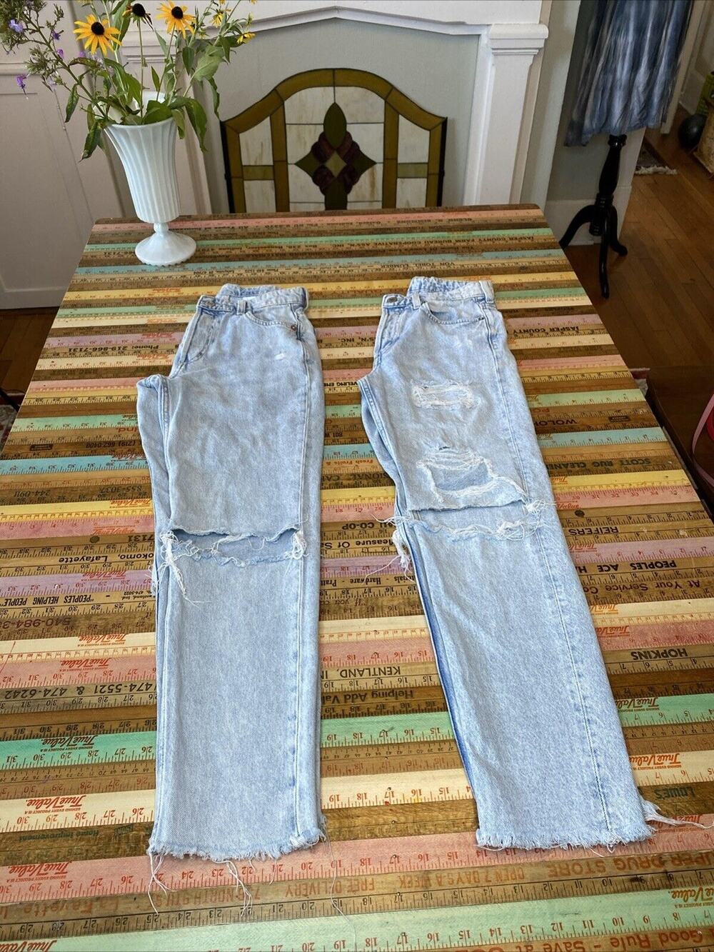 & Denim By H&M Boyfriend Button Fly Jeans Straight Size 0 Blue Distressed LOT 2